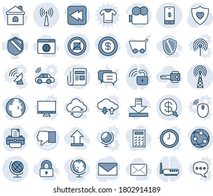 Blue tint and shade editable vector line icon set - antenna vector, no computer sign, globe, mail, printer, house, heart shield, news, video camera, network, finger down, rewind, download, key, cart