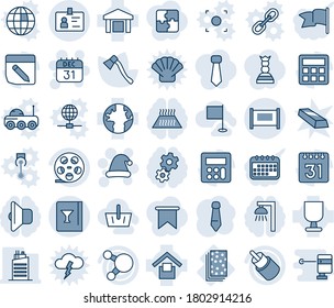 Blue tint and shade editable vector line icon set - fence vector, identity, 31 dec calendar, christmas hat, tie, axe, breads, earth, fragile, warehouse storage, reel, share, rca, calculator, notes