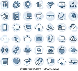 Blue tint and shade editable vector line icon set - airport bus vector, lock, notebook connect, globe, mobile phone, document search, pumpkin, bike, heavy, video camera, dialog, chain, finger down