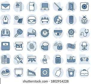 Blue tint and shade editable vector line icon set - mail vector, office chair, notebook pc, coffee, meeting, drawing pin, circle chart, lady bug, well, hoe, stethoscope, blood test vial, scales, key