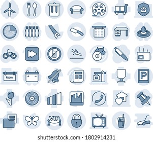 Blue tint and shade editable vector line icon set - arrival vector, parking, spoon and fork, no mobile, trash bin, waiting area, radar, flight table, lock, desk, pen, drawing pin, saw, butterfly, tv