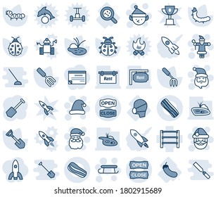Blue tint and shade editable vector line icon set - santa claus vector, christmas hat, sleigh, elf, job, garden fork, shovel, lady bug, caterpillar, pond, bacteria, medical mask, eggplant, rack, hoe