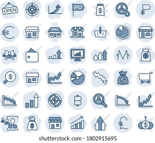 Blue tint and shade editable vector line icon set - shop vector, duty free, growth statistic, money bag, crisis graph, store, euro, pound, bitcoin, ruble, monero, search, monitor statistics, pie, hr
