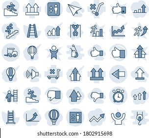 Blue tint and shade editable vector line icon set - elevator vector, alarm clock, left arrow, fork loader, ladder, pull ups, up side sign, no trolley, finger, down, career, volume max, uplooad, like