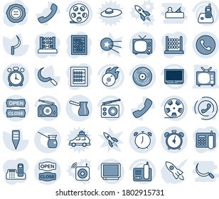 Blue tint and shade editable vector line icon set - alarm clock vector, phone, tv, abacus, stamp, sickle, plant label, reel, vinyl, flame disk, radio, call, office, open close, turkish coffee, horn