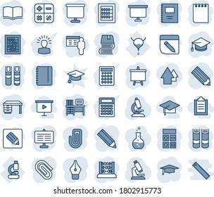 Blue tint and shade editable vector line icon set - book vector, calculator, graduate, abacus, desk, notepad, presentation board, pencil, microscope, lab, bladder, notes, copybook, paper clip, hat