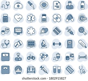 Blue tint and shade editable vector line icon set - medical room vector, heart, pulse, monitor, doctor case, diagnosis, stethoscope, syringe, blood pressure, test vial, dropper, thermometer, scales