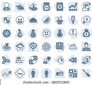 Blue tint and shade editable vector line icon set - smoking area sign vector, manager, contract, seedling, plant label, greenhouse, pond, fertilizer, three leafs, lemon slice, pear, important flag