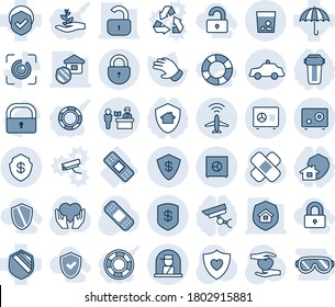 Tinta azul y sombra editable conjunto de iconos de línea vector - vector de radar de plano, control de pasaportes, bloqueo, basura, coche de seguridad, ventana de oficial, caja fuerte, guante, parche, escudo cardíaco, mano, médico, paraguas, id de ojo