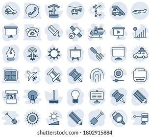 Blue tint and shade editable vector line icon set - ladder car vector, plane radar, trap truck, small, helicopter, santa sleigh, presentation board, drawing pin, bulb, job, pencil, garden fork, rake