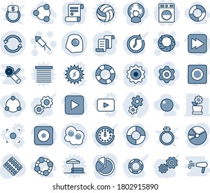 Blue tint and shade editable vector line icon set - firework rocket vector, christmas wreath, gear, contract, pills blister, play button, fast forward, rec, record, exchange, pie graph, omelette