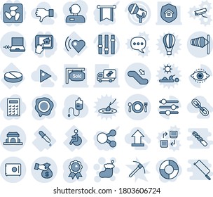 Tinta azul y sombra editable conjunto de iconos de la línea del vector - vector del viento, bajador de la escalera, conexión de la computadora portátil, calcetín de navidad, medalla, sello, cuentagotas, pipeta, píldora, latido del corazón, desactivado, micrófono, ajustes