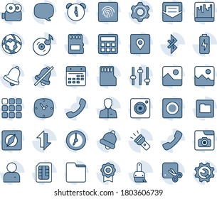 Blue tint and shade editable vector line icon set - call vector, menu, message, mobile camera, gallery, settings, tuning, themes, user, calculator, clock, alarm, bell, mail, record, scanner, sd, sim