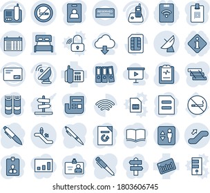 Blue tint and shade editable vector line icon set - elevator vector, escalator, satellite antenna, up, no smoking sign, schedule, identity card, book, pen, document, reload, pulse clipboard, barcode