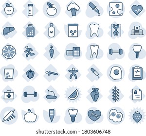 Blue tint and shade editable vector line icon set - plant label vector, pumpkin, seeds, heart pulse, dropper, barbell, tooth, implant, clipboard, hospital, doctor bag, patient card, apple, pipette