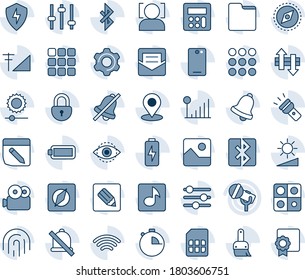 Blue tint and shade editable vector line icon set - microphone vector, phone back, menu, gallery, protect, settings, tuning, themes, calculator, stopwatch, bell, mail, sim, folder, notes, wireless