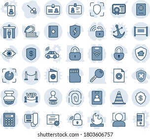 Blue tint and shade editable vector line icon set - fence vector, security gate, identity, stamp, border cone, passport, hose, flammable, protect, sd, lock, face id, eye, safe, card, key, vip zone
