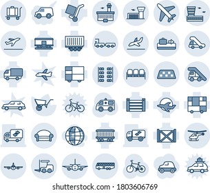 Blue tint and shade editable vector line icon set - plane vector, taxi, departure, baggage conveyor, airport bus, waiting area, fork loader, ladder car, helicopter, building, arrival, truck, trap