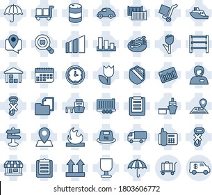 Blue tint and shade editable vector line icon set - baggage vector, signpost, navigation, pin, store, office phone, support, mobile tracking, sea shipping, truck trailer, cargo container, clock