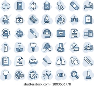 Blue tint and shade editable vector line icon set - disabled vector, first aid room, diagnosis, stethoscope, dropper, thermometer, microscope, pills, blister, patch, tomography, ambulance car, lungs