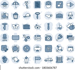 Blue tint and shade editable vector line icon set - phone vector, right arrow, gloves, office chair, case, abacus, mouse, tie, fence, glove, butterfly, garden light, real heart, stomach, satellite