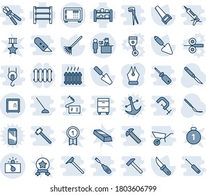 Blue tint and shade editable vector line icon set - safe vector, passport control, terrorism, trowel, rake, saw, garden knife, scalpel, rack, ink pen, heater, radiator, gold medal, star, anchor, hoe