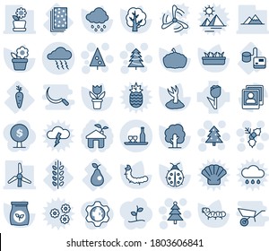 Blue tint and shade editable vector line icon set - storm vector, christmas tree, holly, flower in pot, sproute, lady bug, seedling, rain, pumpkin, caterpillar, fertilizer, tonometer, carrot, pear