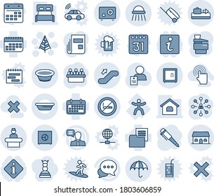 Blue tint and shade editable vector line icon set - baggage conveyor vector, reception, insurance, escalator up, no smoking sign, shower, christmas tree, hierarchy, pen, meeting, patient, gymnastics