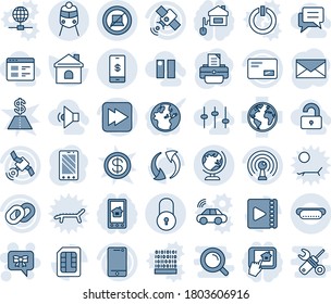 Blue tint and shade editable vector line icon set - globe vector, train, no computer sign, lock, bow message, mobile phone, mail, printer, house, earth, antenna, satellite, cell, chain, fast forward