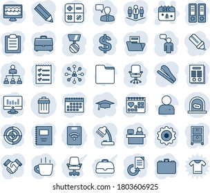 Blue Tint And Shade Editable Vector Line Icon Set - Ticket Office Vector, Trash Bin, Christmas Calendar, Speaking Man, Gear, Hierarchy, Chair, Dollar Sign, Case, Calculator, Binder, Medal, Graduate