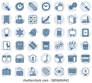 Blue tint and shade editable vector line icon set - gear vector, case, calculator, presentation board, brainstorm, bulb, bucket, garden knife, bird house, microscope, pills blister, pulse clipboard