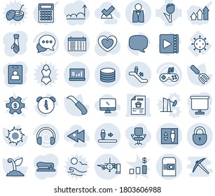 Blue tint and shade editable vector line icon set - coffee machine vector, escalator, lock, elevator, boarding passengers, schedule, garden fork, sproute, sun, knife, heart, virus, tulip, gamepad