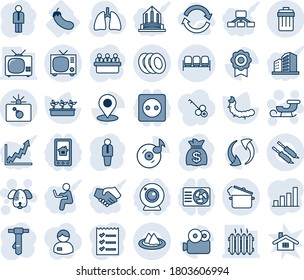 Blue tint and shade editable vector line icon set - waiting area vector, bomb in case, trash bin, tv, sleigh, dog, manager, tie, money bag, meeting, seedling, caterpillar, lungs, eggplant, update