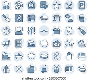 Blue tint and shade editable vector line icon set - parking vector, plane, gift, christmas landscape, dollar sign, desk, meeting, factory, trowel, bucket, sun, rain, hose, tooth, car delivery, cargo