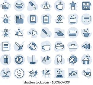 Blue tint and shade editable vector line icon set - signpost vector, vip zone, parking sign, no mobile, document, coffee, rake, seedling, watering, dropper, pills, scalpel, caries, plane, warehouse