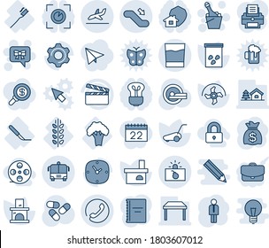 Blue tint and shade editable vector line icon set - arrival vector, airport bus, escalator down, phone, terrorism, champagne, bow message, manager, money bag, ripper, lawn mower, fireplace, seeds