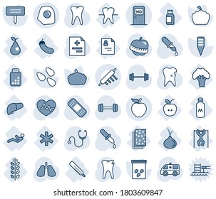 Blue tint and shade editable vector line icon set - medical room vector, plant label, pumpkin, seeds, heart pulse, diagnosis, stethoscope, dropper, patch, ambulance car, barbell, lungs, tooth, diet