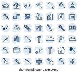 Blue tint and shade editable vector line icon set - barrier vector, fenced area, road cone, baggage room, office building, trowel, wheelbarrow, saw, house, hospital, with garage, estate document