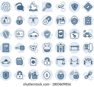 Blue tint and shade editable vector line icon set - fence vector, barrier, passport control, security gate, alarm car, bomb in case, lock, safety, identity, safe, card, hose, shield, flammable, key