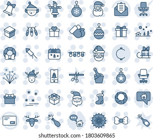 Blue tint and shade editable vector line icon set - firework vector, gift, bow, santa claus, christmas sock, ball, garland, landscape, bell, gloves, calendar, deer, rocket, wreath, champagne, mobile