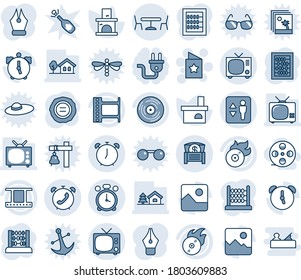 Blue tint and shade editable vector line icon set - elevator vector, alarm clock, tv, cafe, phone, star postcard, abacus, stamp, fireplace, film frame, vinyl, flame disk, gallery, money chest, coil