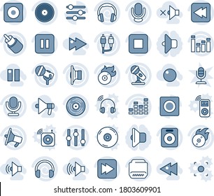 Blue tint and shade editable vector line icon set - vinyl vector, flame disk, microphone, speaker, loudspeaker, settings, equalizer, headphones, pause button, stop, fast forward, rewind, rec, rca