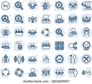 Blue tint and shade editable vector line icon set - spoon and fork vector, checkroom, train, no smoking sign, speaking man, team, meeting, patient, banana, group, user, company, hr, client search