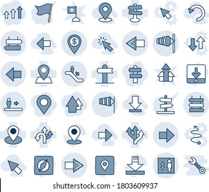 Blue tint and shade editable vector line icon set - escalator vector, signpost, right arrow, left, wind, elevator, sign post, side, route, pin, download, place tag, compass, dollar, cursor, undo