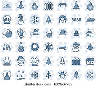 Blue tint and shade editable vector line icon set - christmas tree vector, santa claus, glove, ball, garland, snowflake, gloves, snowman, calendar, hat, house, sleigh, wreath, snowball, snowmobile
