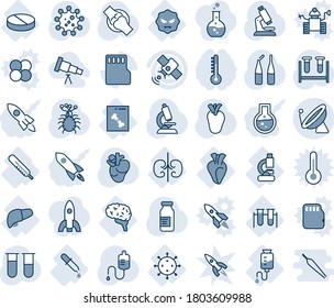 Blue tint and shade editable vector line icon set - satellite antenna vector, blood test vial, dropper, microscope, ampoule, real heart, joint, virus, pipette, drop counter, thermometer, lab, pill