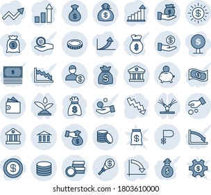 Blue tint and shade editable vector line icon set - growth statistic vector, money bag, crisis graph, ruble, coin, dollar sun, bank, account, piggy, investment, encashment, wallet, torch, irrigation