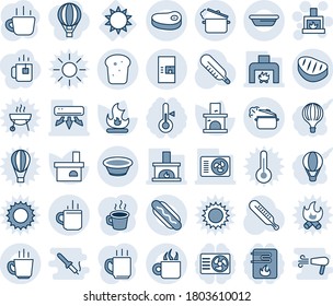 Blue tint and shade editable vector line icon set - hot cup vector, coffee machine, fireplace, fire, thermometer, sun, air conditioner, bread, steak, dog, bowl, steaming pan, water heater, balloon