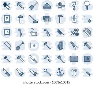 Blue tint and shade editable vector line icon set - parking sign vector, spoon and fork, job, saw, hoe, garden knife, implant, cargo container, safe, paper clip, dish, work, anchor, piston, hammer