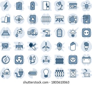 Blue tint and shade editable vector line icon set - tv vector, fork loader, bulb, ripper, battery, rca, charge, desk lamp, heater, air conditioner, fridge, home control, socket, power plug, fan